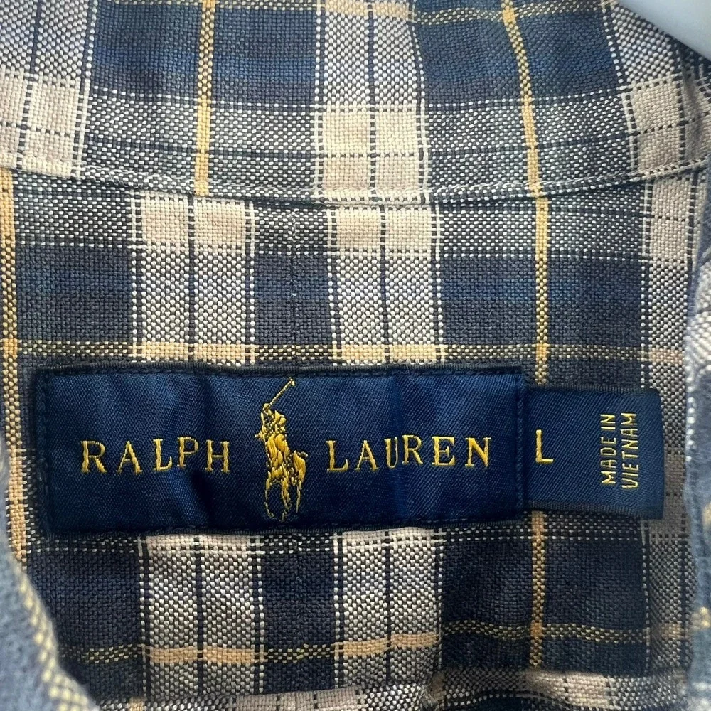 Polo Ralph Lauren‎ Shirt Mens Large Plaid Button Down Navy Tan Yellow Pony